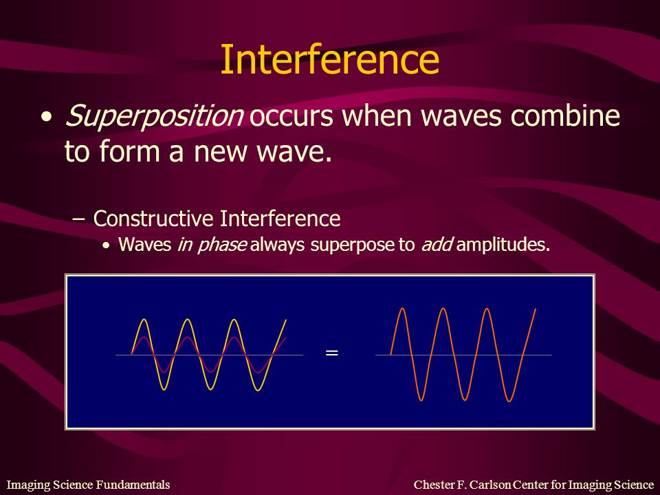 Interference Superposition occurs when waves combine to form a new wave. Constructive Interference.