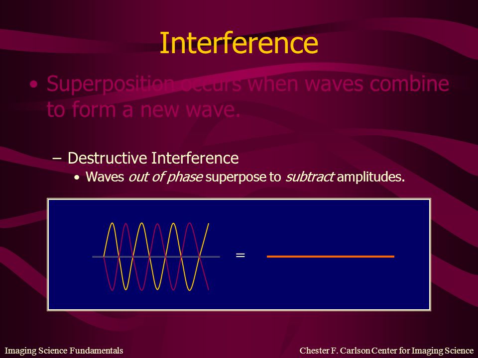 Interference Superposition occurs when waves combine to form a new wave. Destructive Interference.