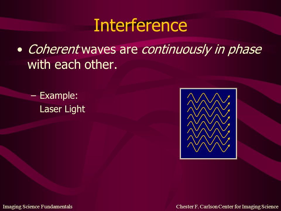 Interference Coherent waves are continuously in phase with each other.