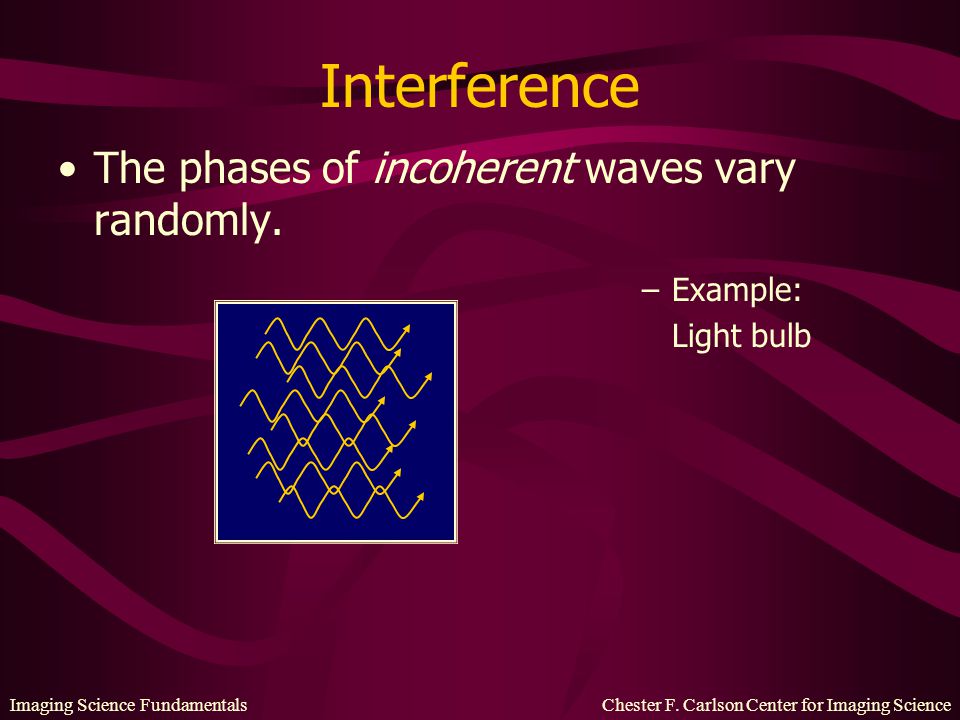 Interference The phases of incoherent waves vary randomly. Example: