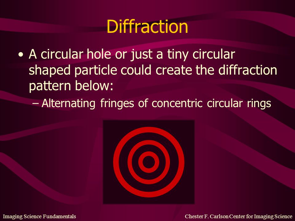 Diffraction A circular hole or just a tiny circular shaped particle could create the diffraction pattern below: