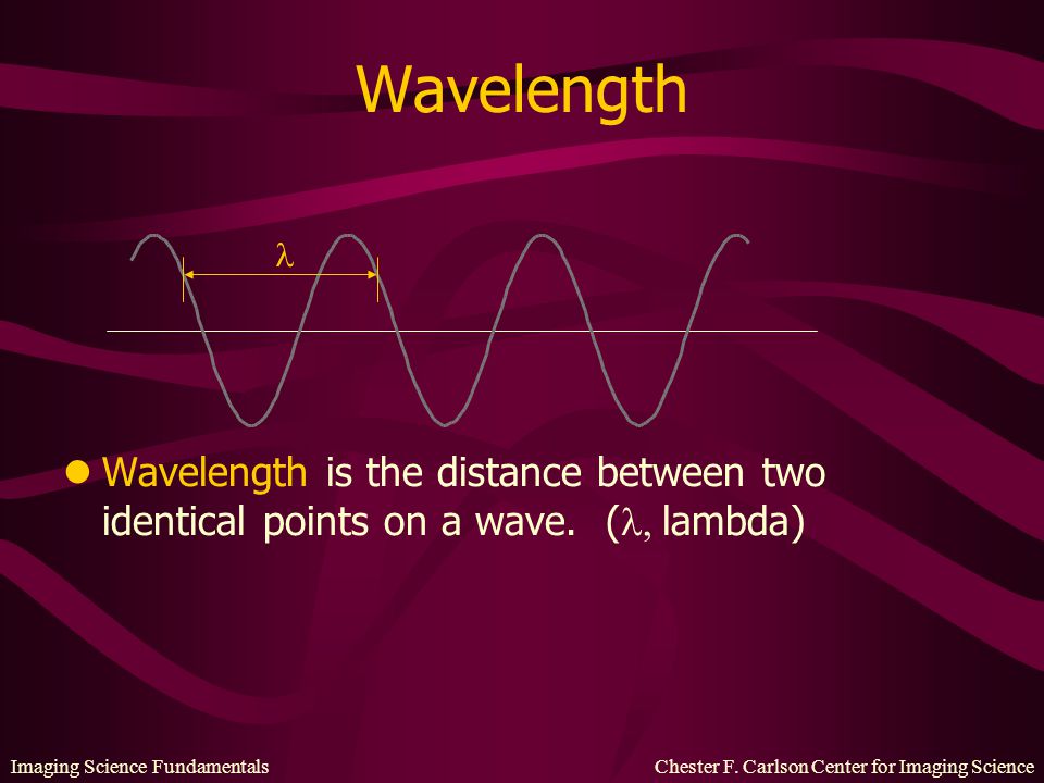 Wavelength  Wavelength is the distance between two identical points on a wave. (,lambda)