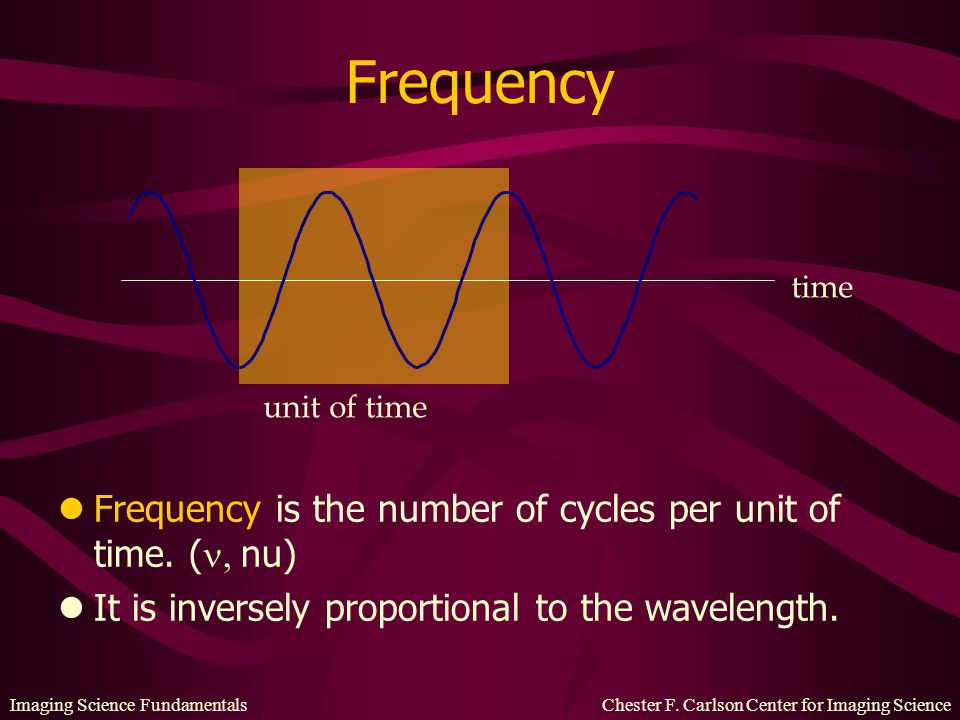 Frequency Frequency is the number of cycles per unit of time. (, nu)