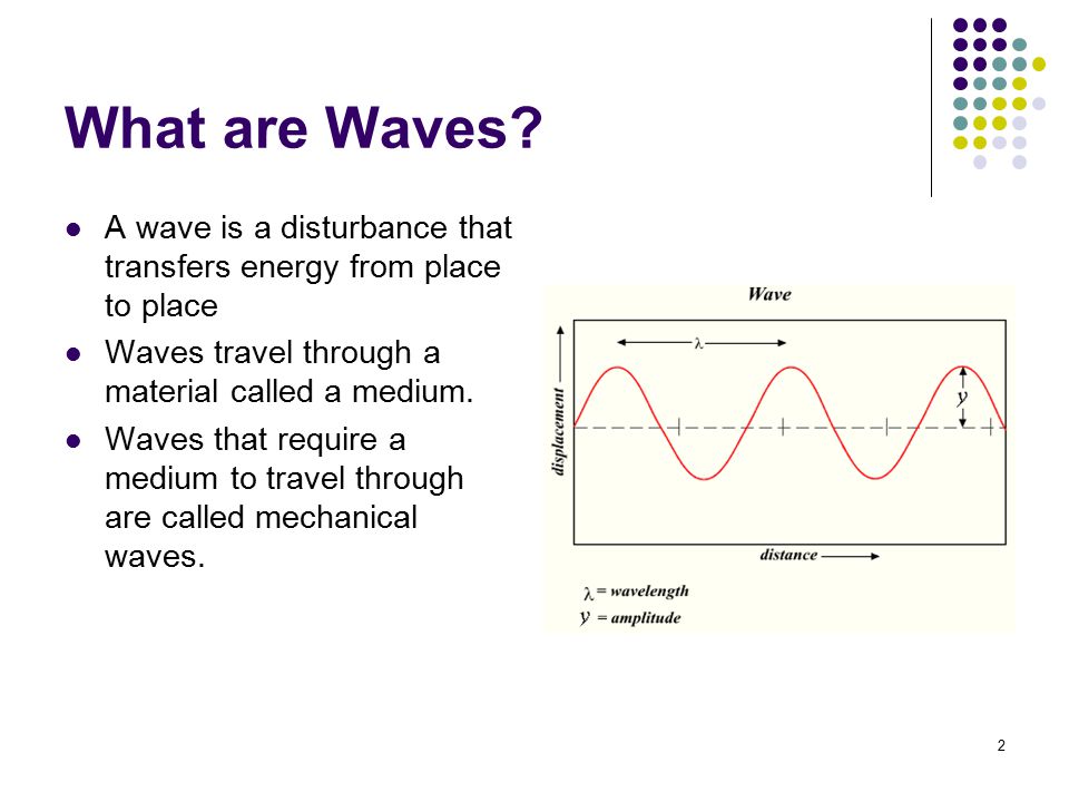 What are Waves A wave is a disturbance that transfers energy from place to place. Waves travel through a material called a medium.