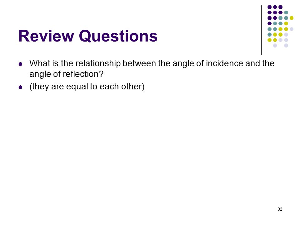 Review Questions What is the relationship between the angle of incidence and the angle of reflection