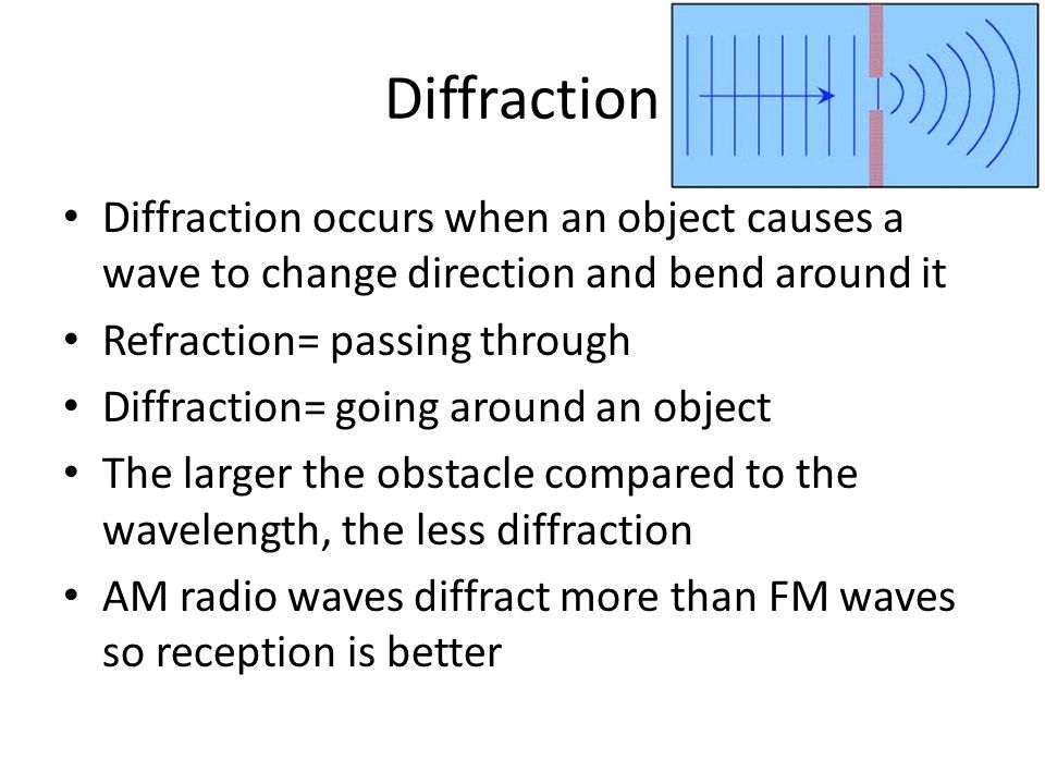 Diffraction Diffraction occurs when an object causes a wave to change direction and bend around it.