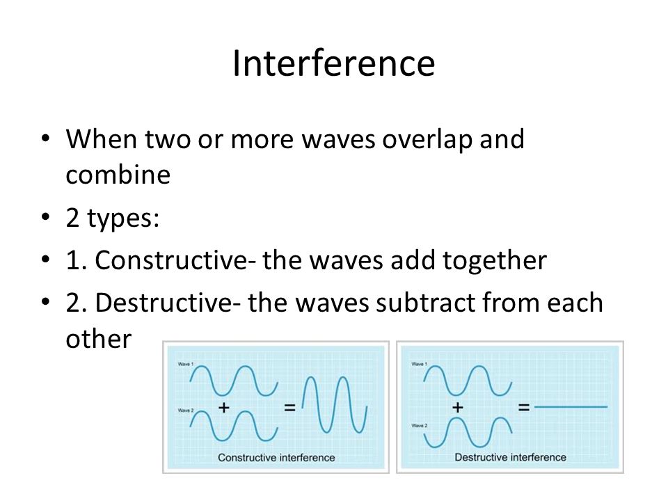 Interference When two or more waves overlap and combine 2 types: