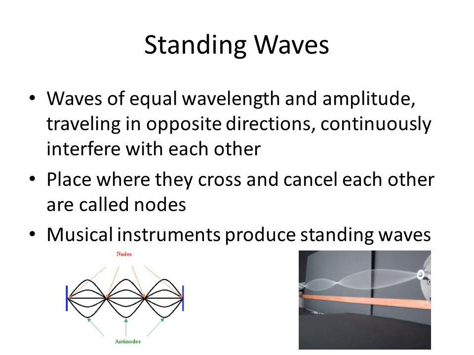 Standing Waves Waves of equal wavelength and amplitude, traveling in opposite directions, continuously interfere with each other.
