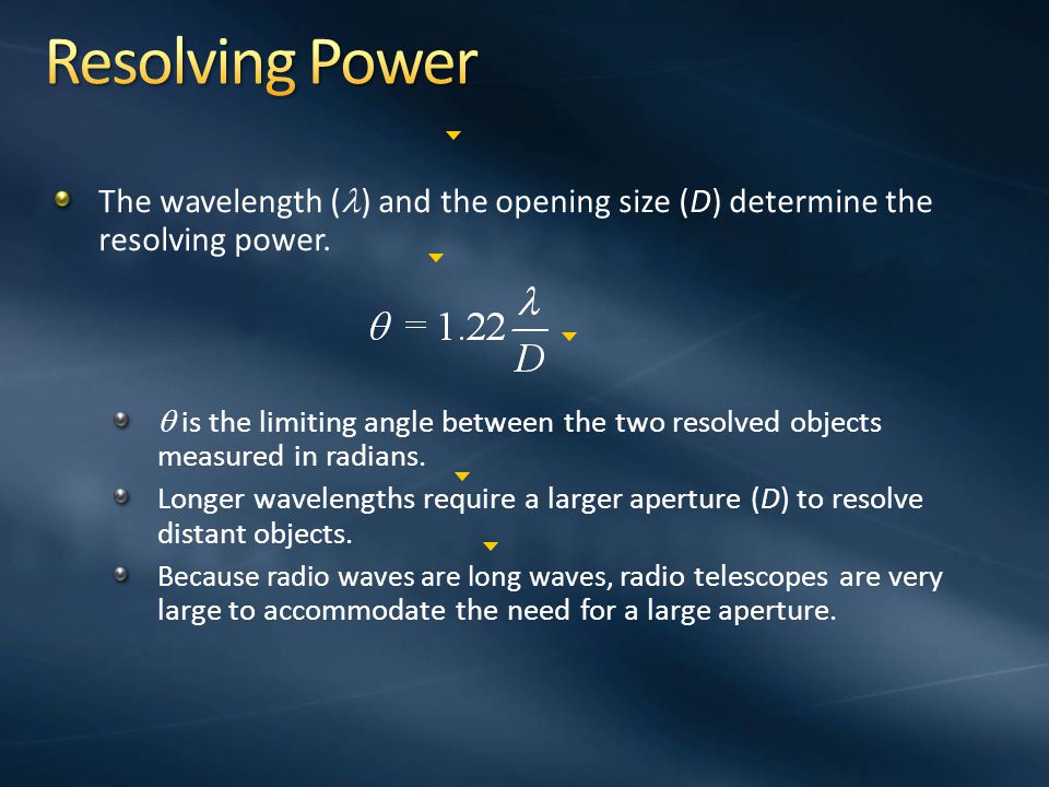 Resolving Power The wavelength () and the opening size (D) determine the resolving power.