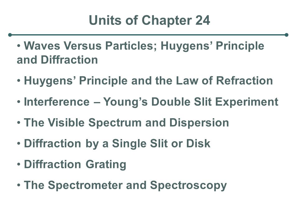 Units of Chapter 24 Waves Versus Particles; Huygens’ Principle and Diffraction. Huygens’ Principle and the Law of Refraction.