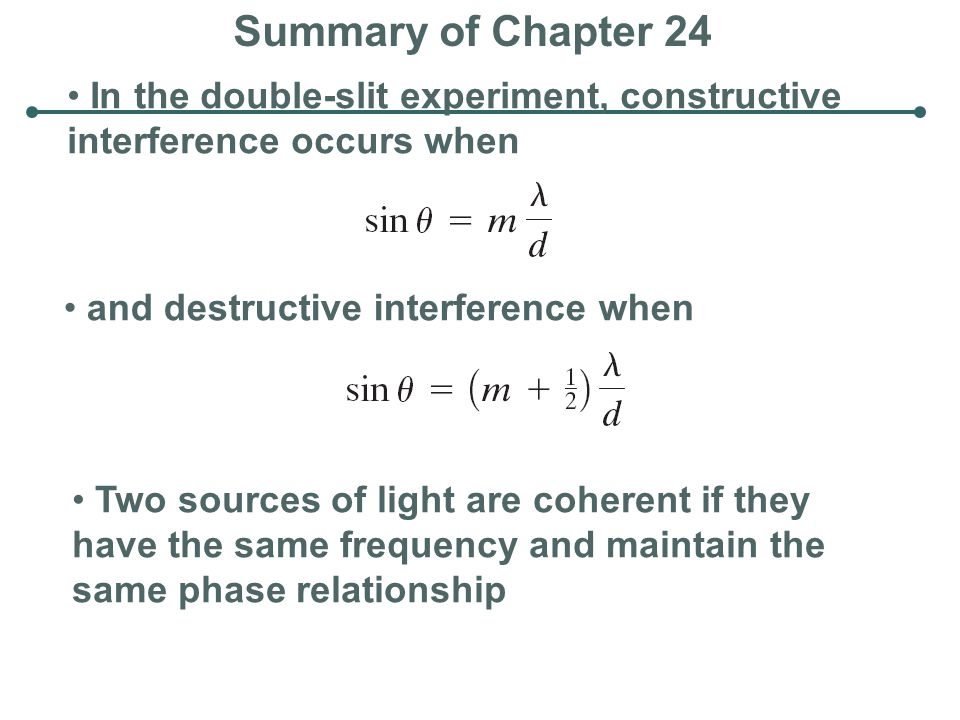 Summary of Chapter 24 In the double-slit experiment, constructive interference occurs when. and destructive interference when.