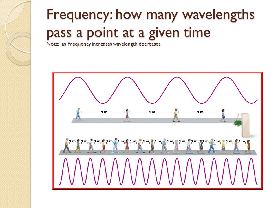 Frequency: how many wavelengths pass a point at a given time Note: as Frequency increases wavelength decreases