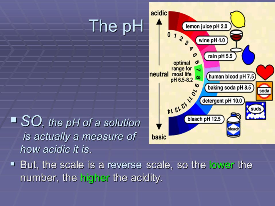 The pH Scale SO, the pH of a solution is actually a measure of how acidic it is.