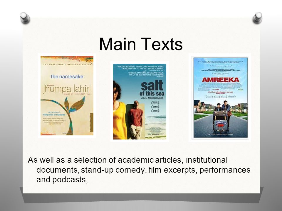Main Texts As well as a selection of academic articles, institutional documents, stand-up comedy, film excerpts, performances and podcasts,
