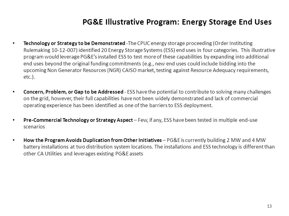 PG&E Illustrative Program : Energy Storage End Uses