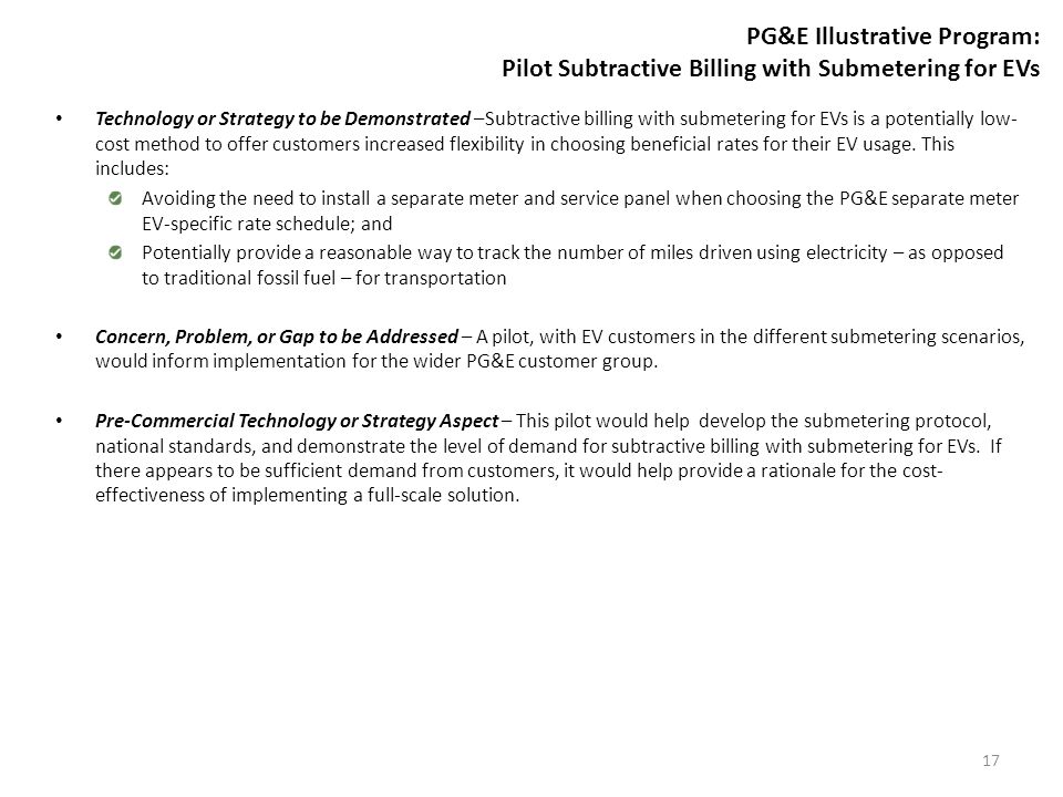 PG&E Illustrative Program: Pilot Subtractive Billing with Submetering for EVs