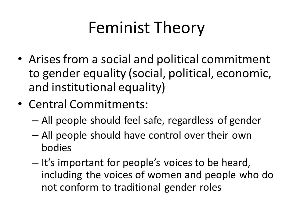 Feminist Theory Arises from a social and political commitment to gender equality (social, political, economic, and institutional equality)