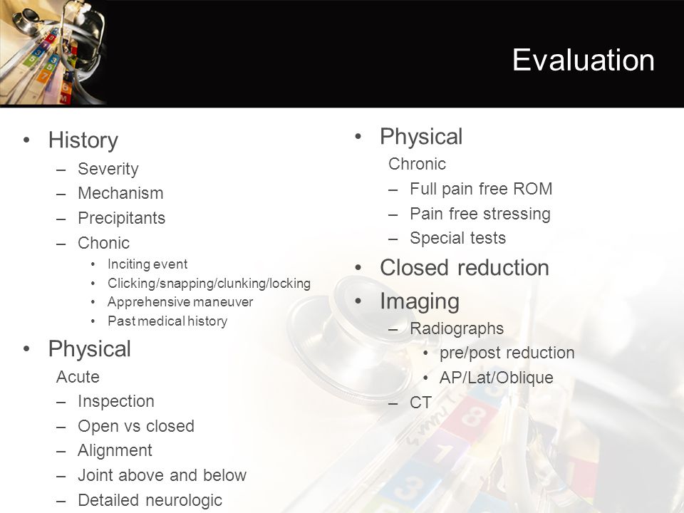 Evaluation History Physical Physical Closed reduction Imaging Chronic