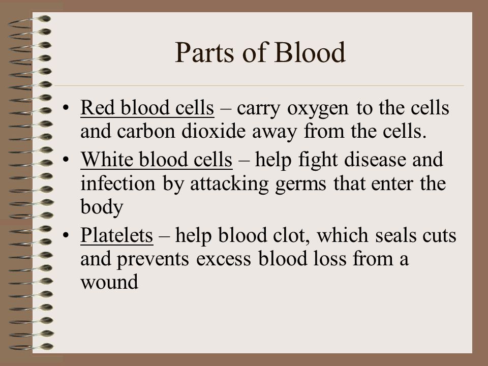 Parts of Blood Red blood cells – carry oxygen to the cells and carbon dioxide away from the cells.