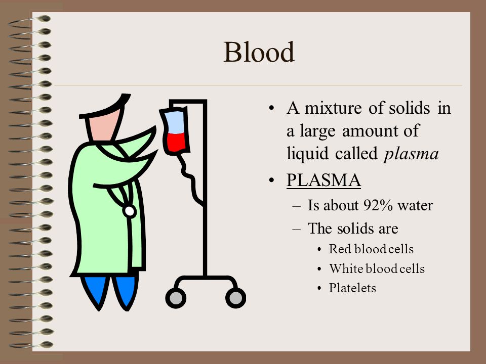 Blood A mixture of solids in a large amount of liquid called plasma