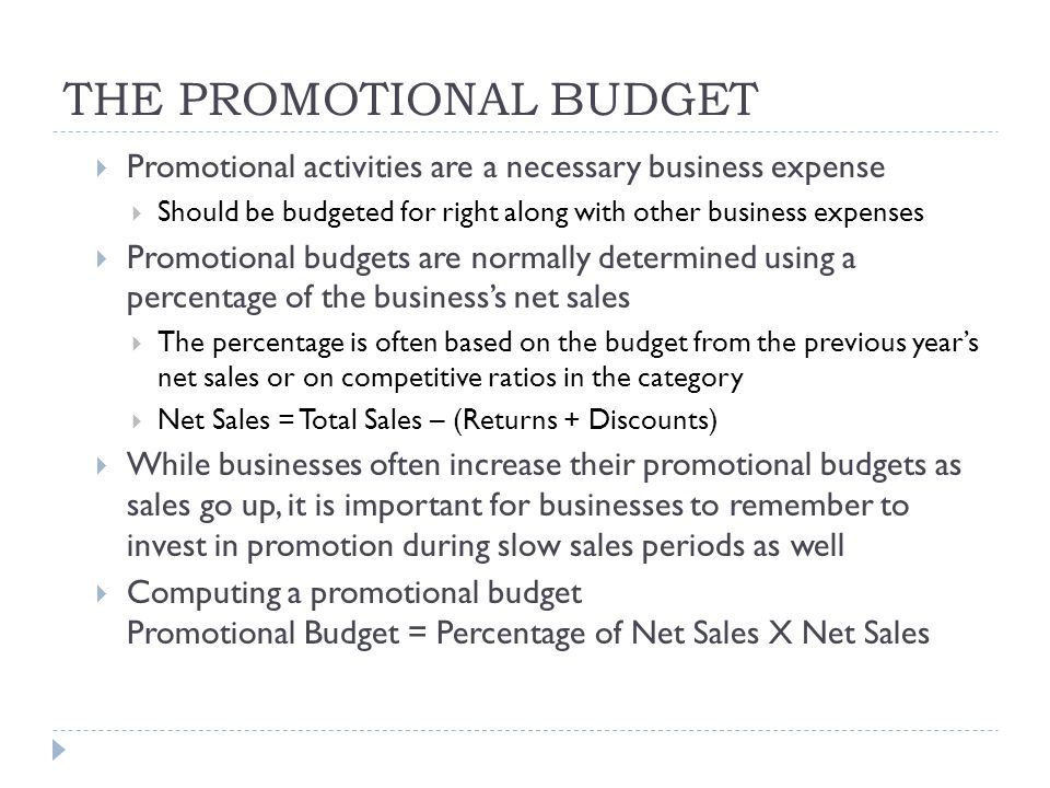 THE PROMOTIONAL BUDGET