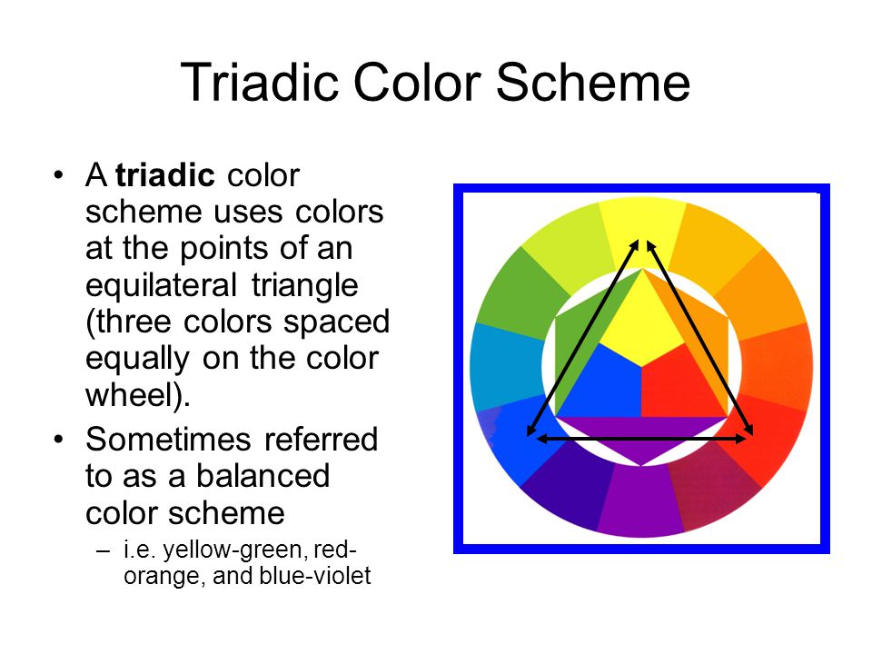 Triadic Color Scheme A triadic color scheme uses colors at the points of an equilateral triangle (three colors spaced equally on the color wheel).