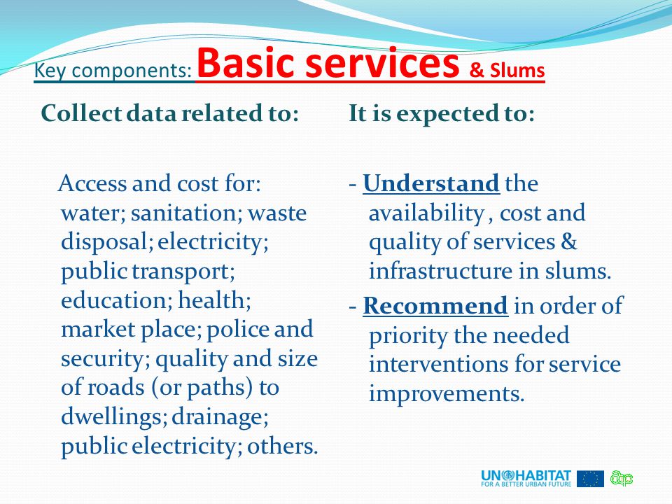 Key components: Basic services & Slums