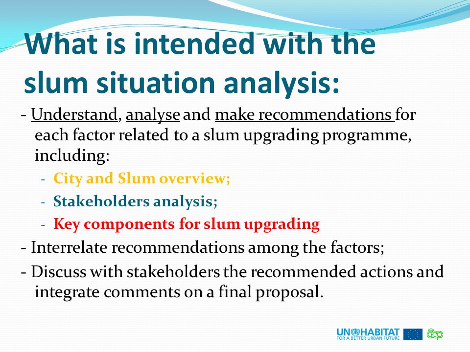What is intended with the slum situation analysis: