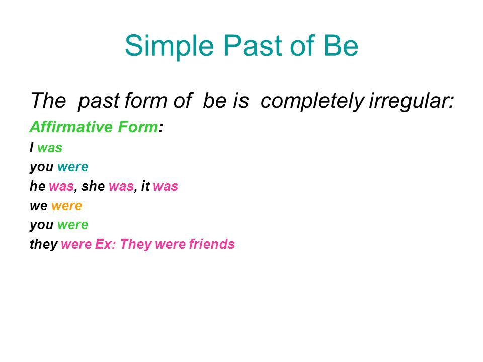 Simple Past of Be The past form of be is completely irregular: