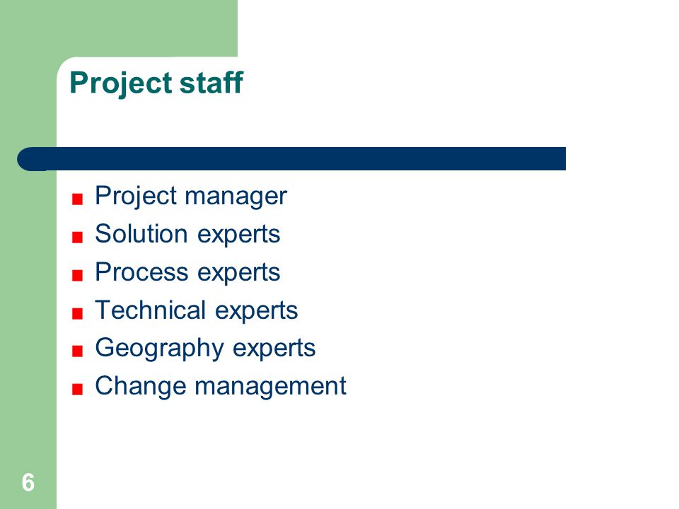 Project staff Project manager Solution experts Process experts