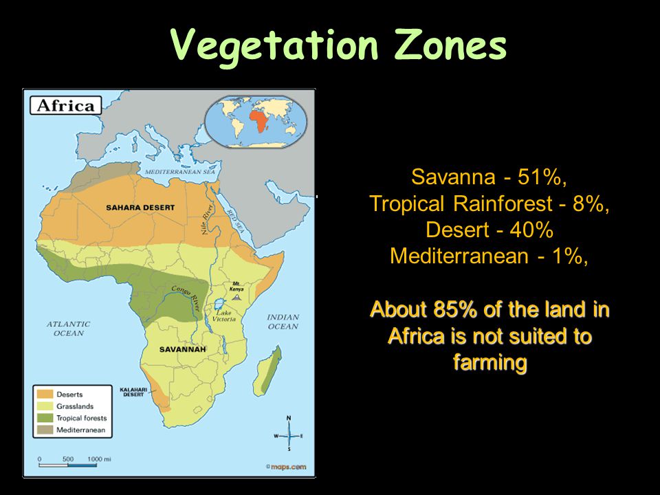 Vegetation Zones Savanna - 51%, Tropical Rainforest - 8%, Desert - 40%