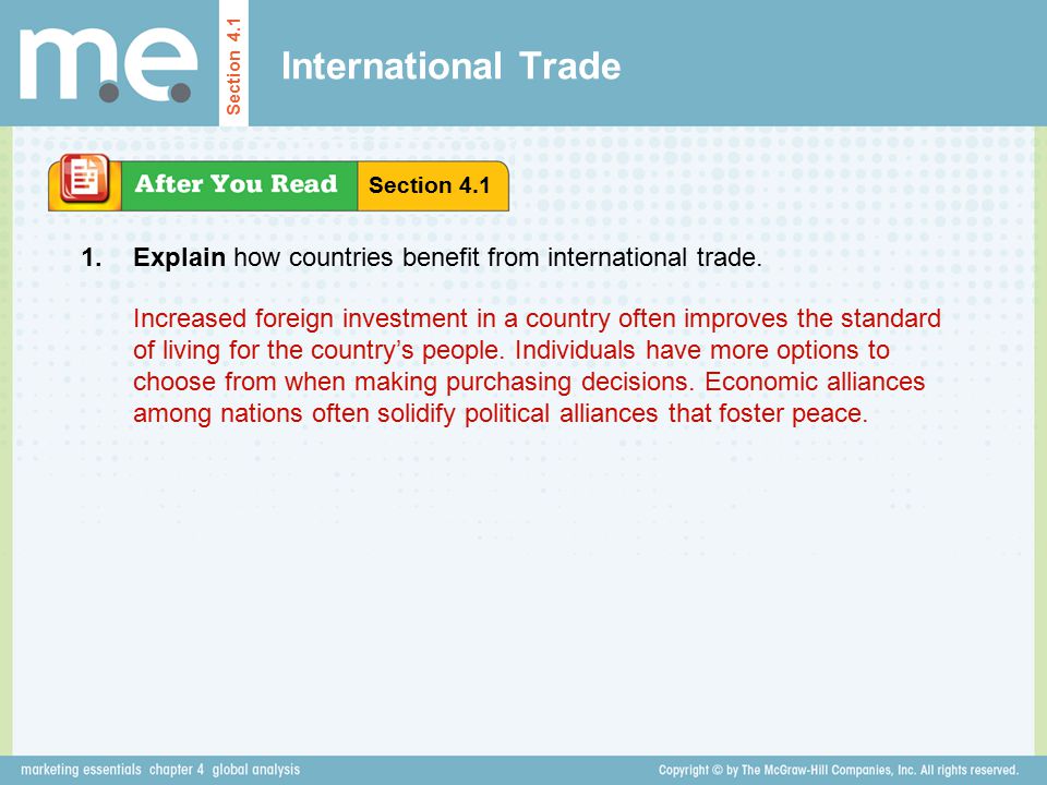 International Trade Section 4.1. Section Explain how countries benefit from international trade.
