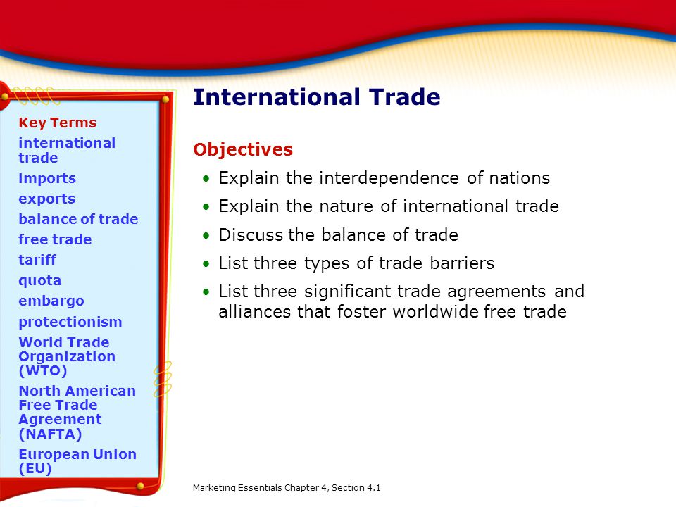 International Trade Objectives Explain the interdependence of nations