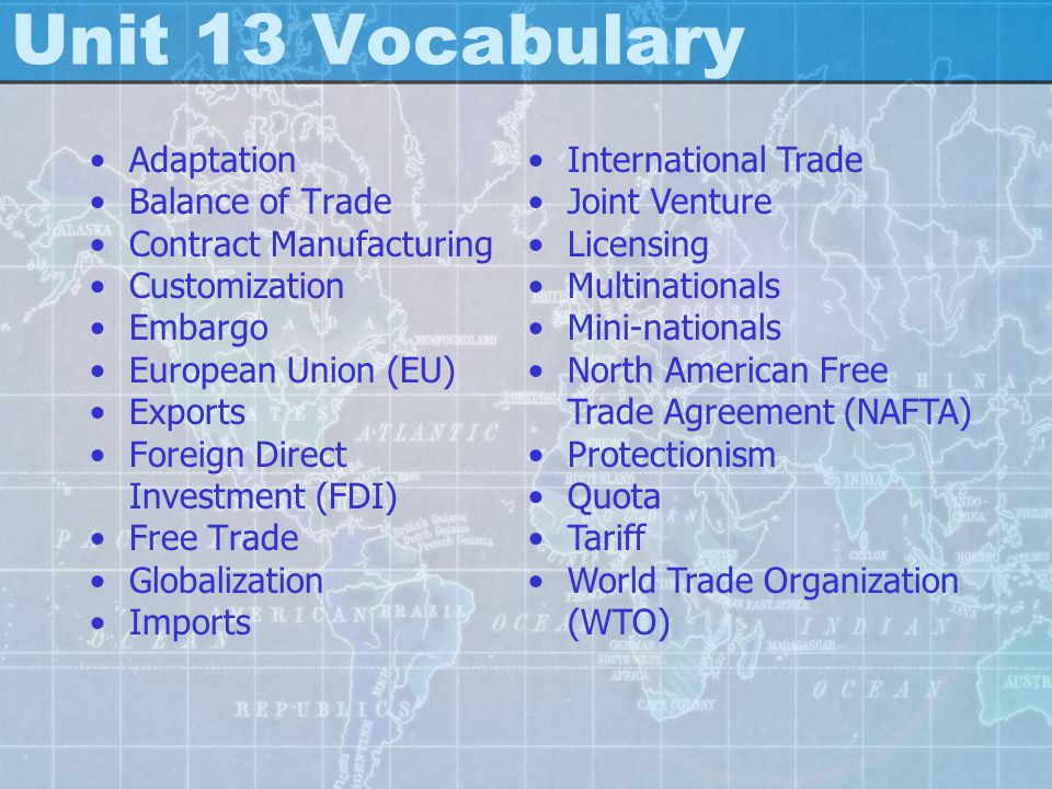 Unit 13 Vocabulary Adaptation Balance of Trade Contract Manufacturing