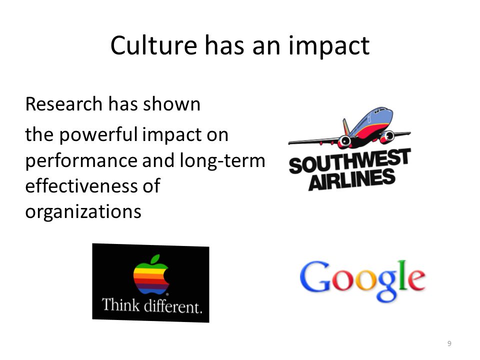 Culture has an impact Research has shown the powerful impact on performance and long-term effectiveness of organizations