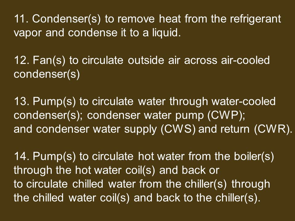 11. Condenser(s) to remove heat from the refrigerant