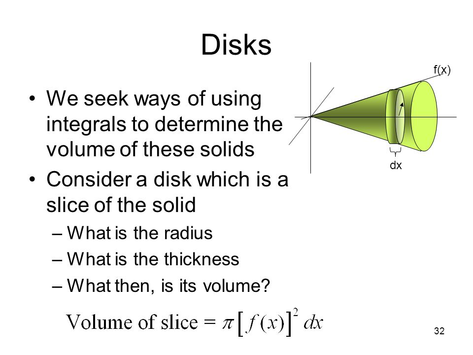 Disks f(x) We seek ways of using integrals to determine the volume of these solids. Consider a disk which is a slice of the solid.