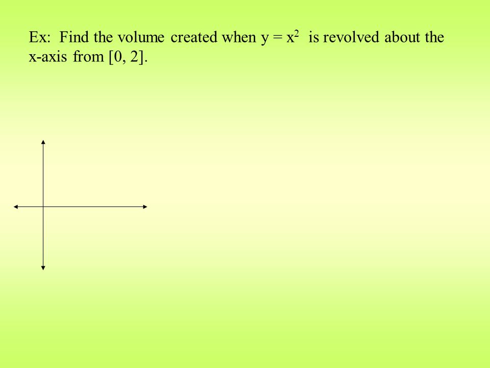 Ex: Find the volume created when y = x2 is revolved about the x-axis from [0, 2].