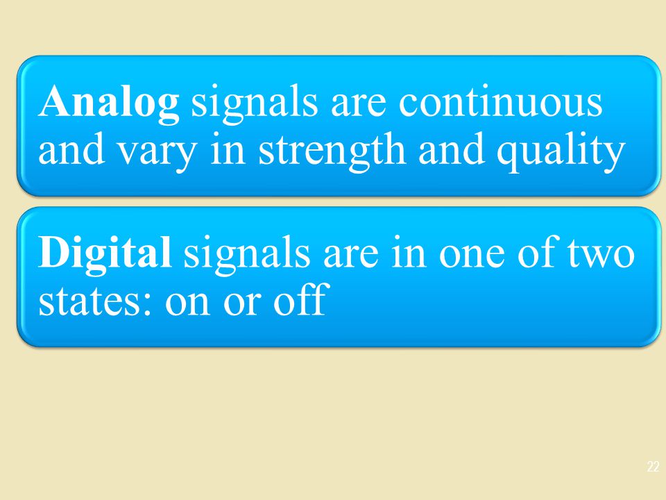 Analog signals are continuous and vary in strength and quality