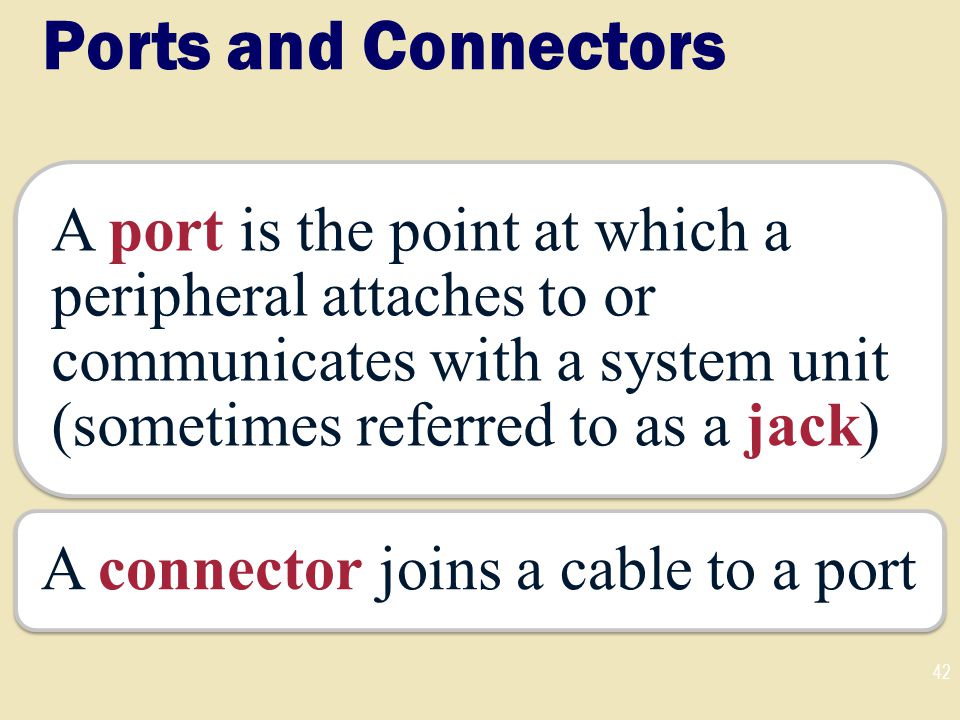 Ports and Connectors A port is the point at which a peripheral attaches to or communicates with a system unit (sometimes referred to as a jack)