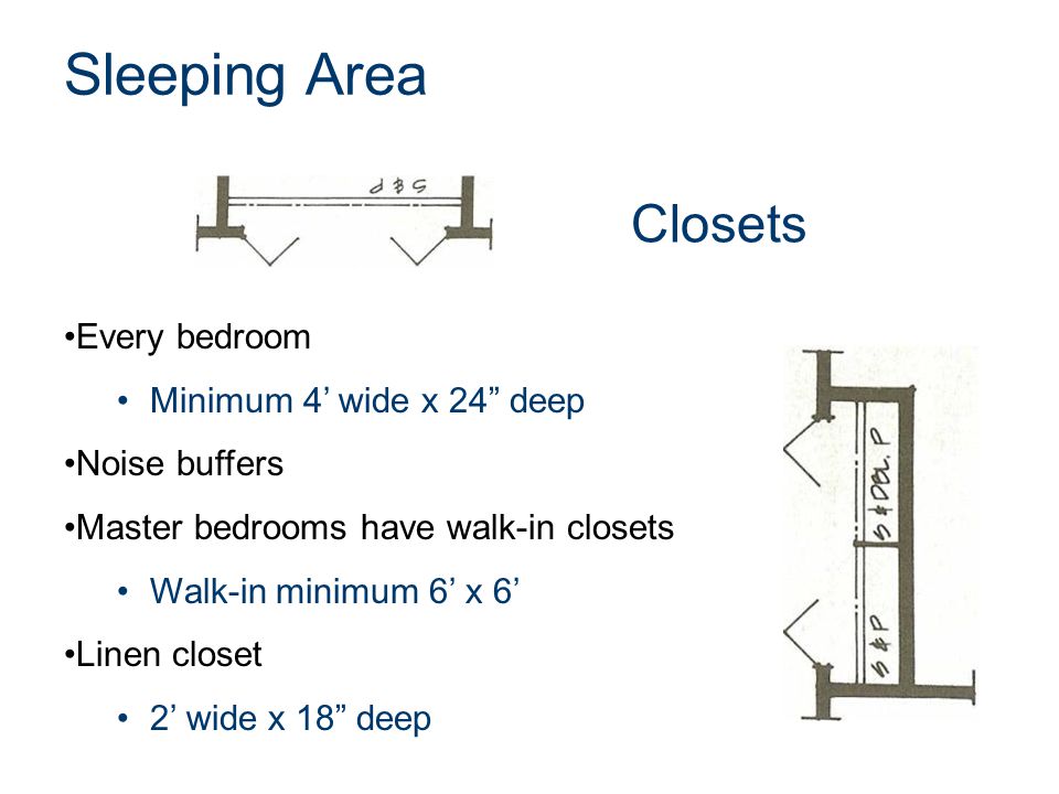 Sleeping Area Closets Every bedroom Minimum 4’ wide x 24 deep