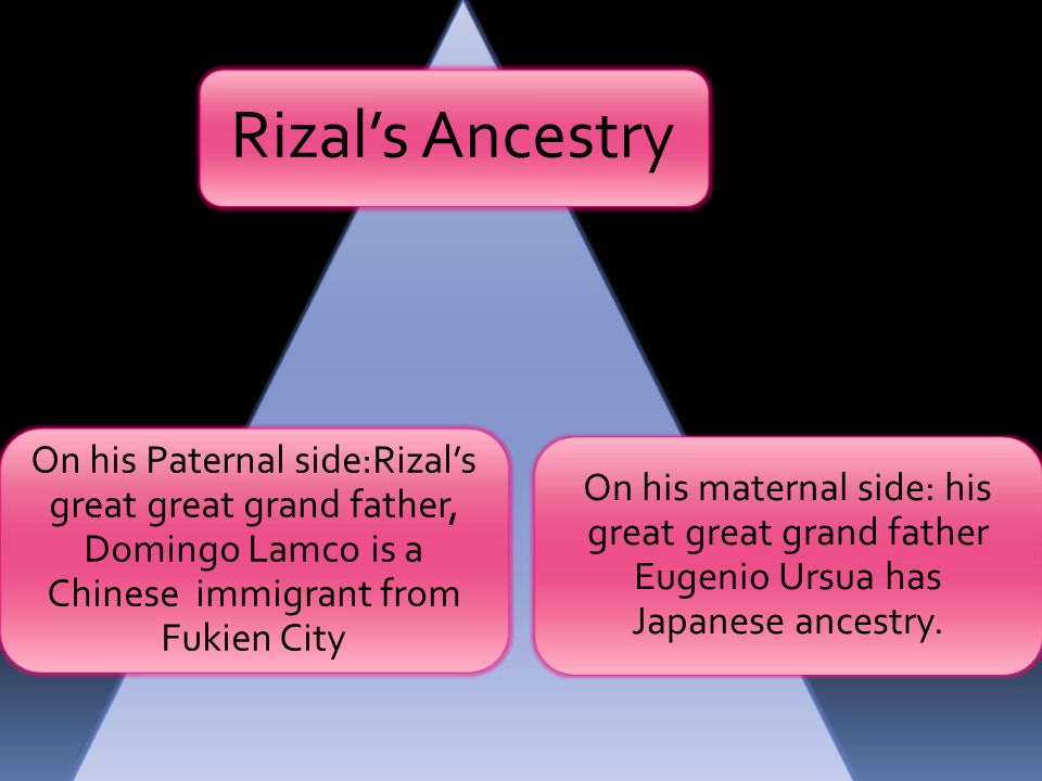 Rizal’s Ancestry On his Paternal side:Rizal’s great great grand father, Domingo Lamco is a Chinese immigrant from Fukien City.