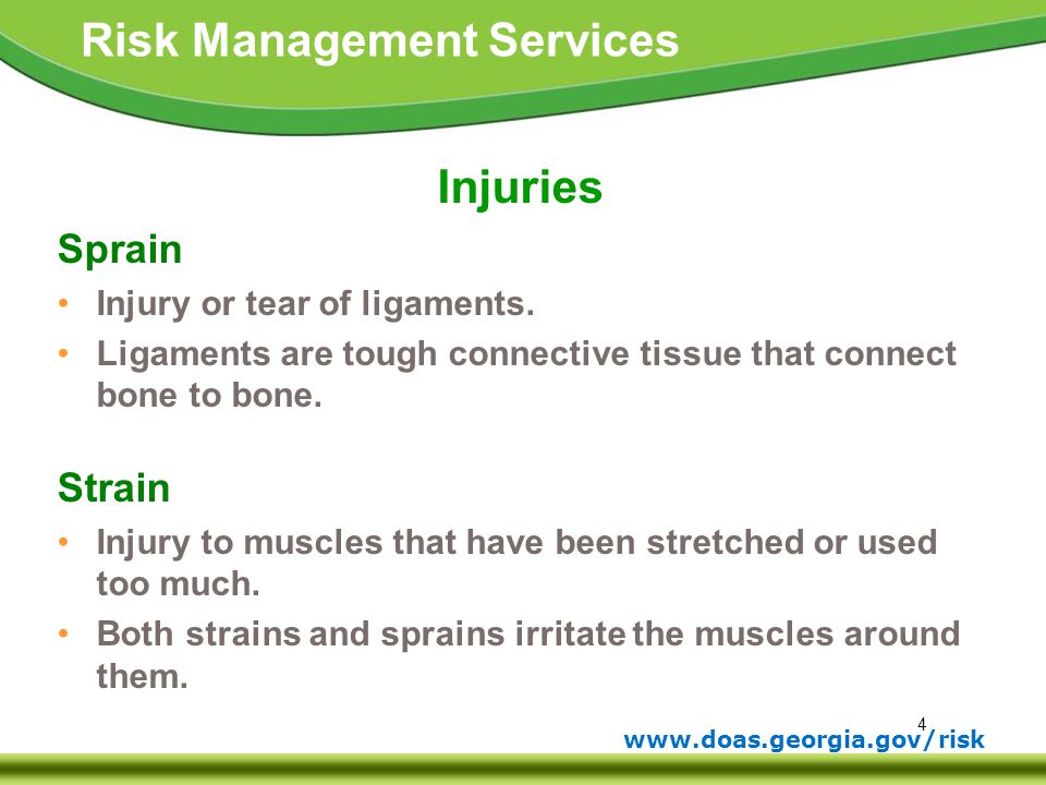 Injuries Sprain Strain Injury or tear of ligaments.