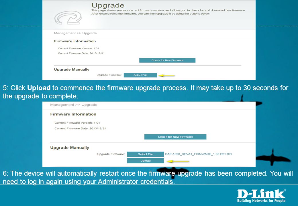 5: Click Upload to commence the firmware upgrade process