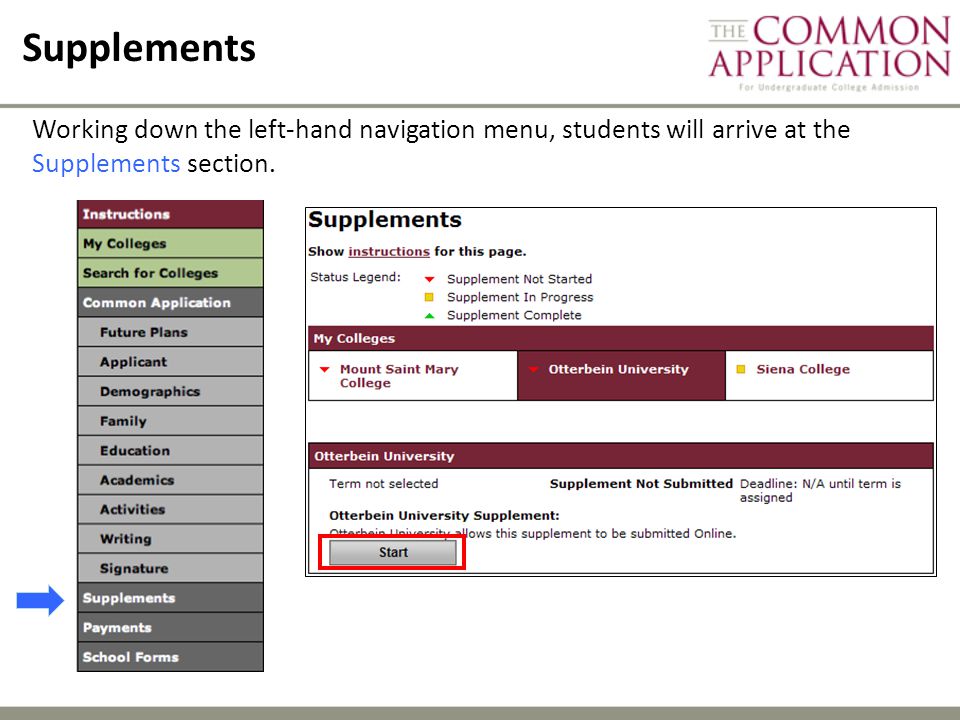 Supplements Working down the left-hand navigation menu, students will arrive at the Supplements section.