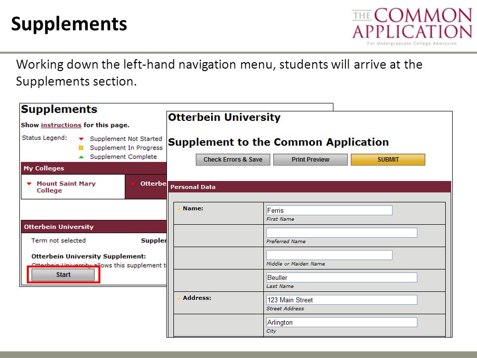 Supplements Working down the left-hand navigation menu, students will arrive at the Supplements section.