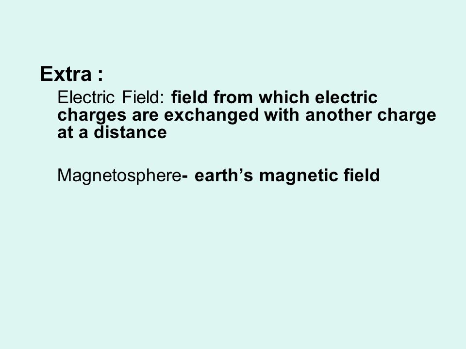 Extra : Electric Field: field from which electric charges are exchanged with another charge at a distance.