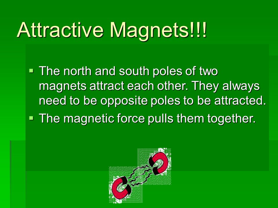 Attractive Magnets!!! The north and south poles of two magnets attract each other. They always need to be opposite poles to be attracted.