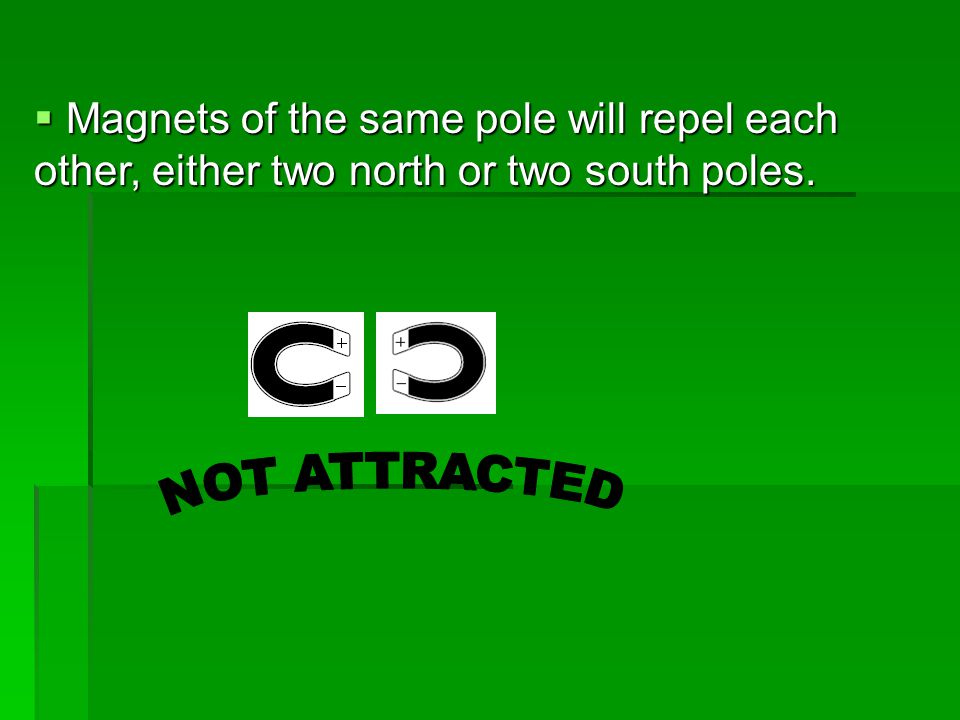 Magnets of the same pole will repel each other, either two north or two south poles.