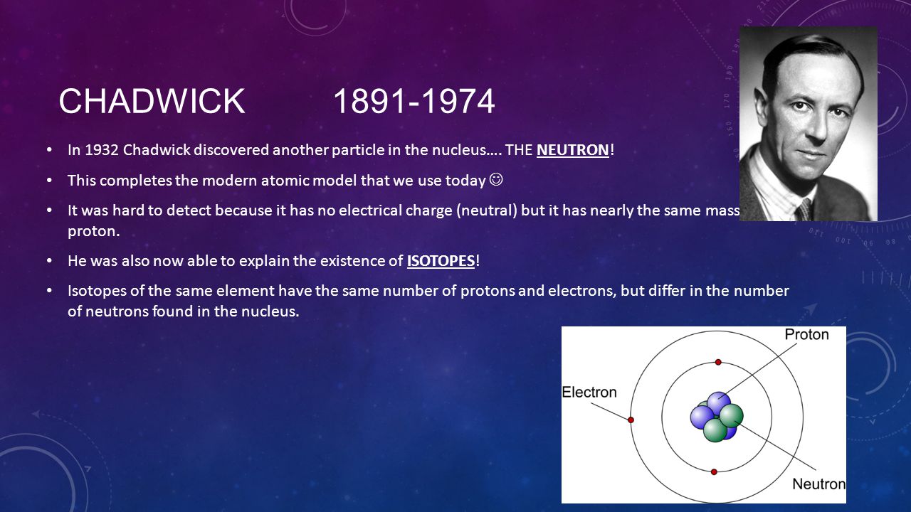 Chadwick In 1932 Chadwick discovered another particle in the nucleus…. THE NEUTRON!